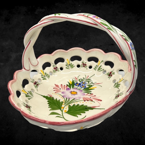 Vintage RCCL Portugal Hand-painted Floral Ceramic Scalloped Lattice Bowl - Picture 5 of 10